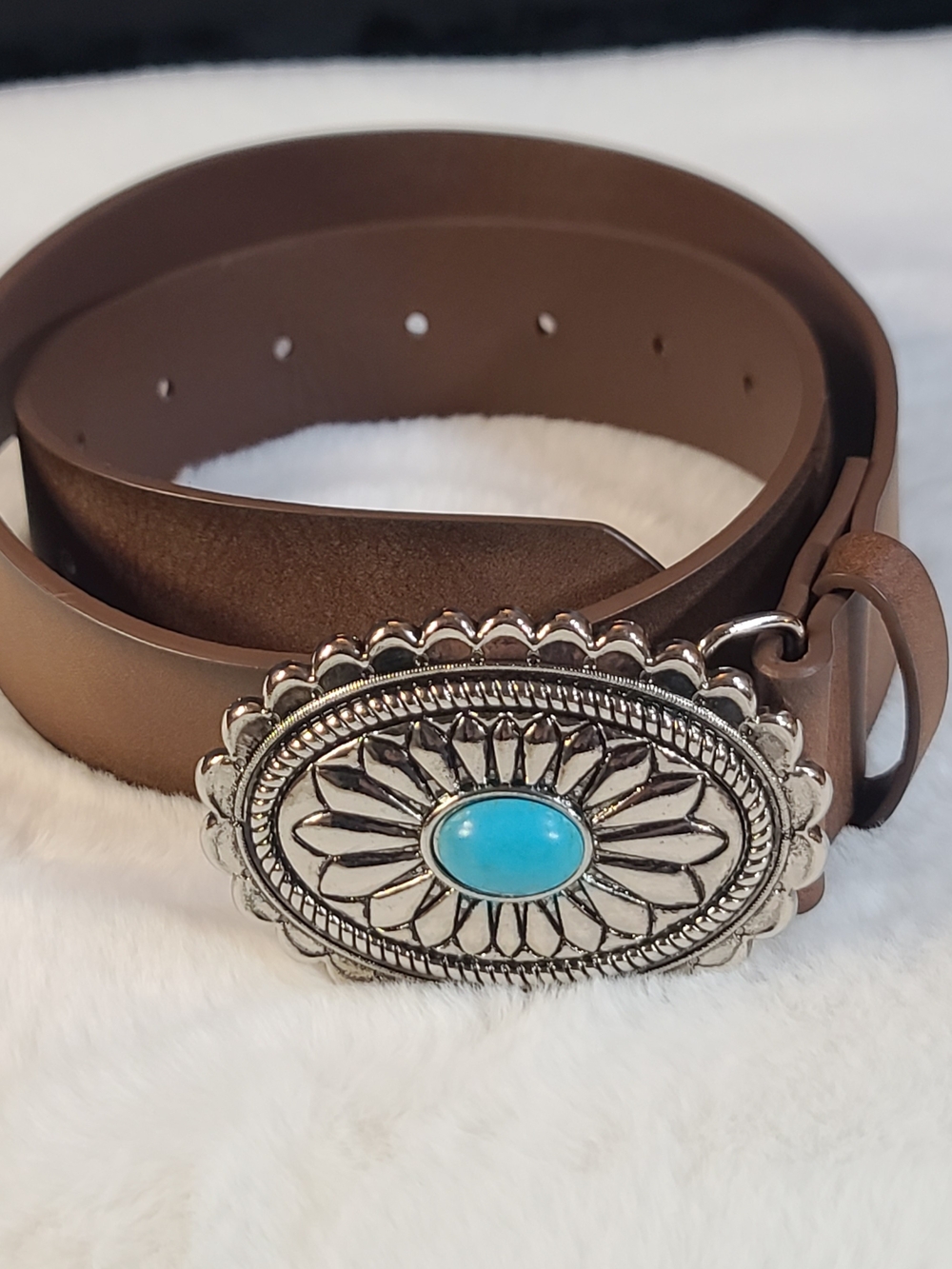 Source Unknown Brown Belt with Silver-Tone Oval Buckle and Turquoise Accent